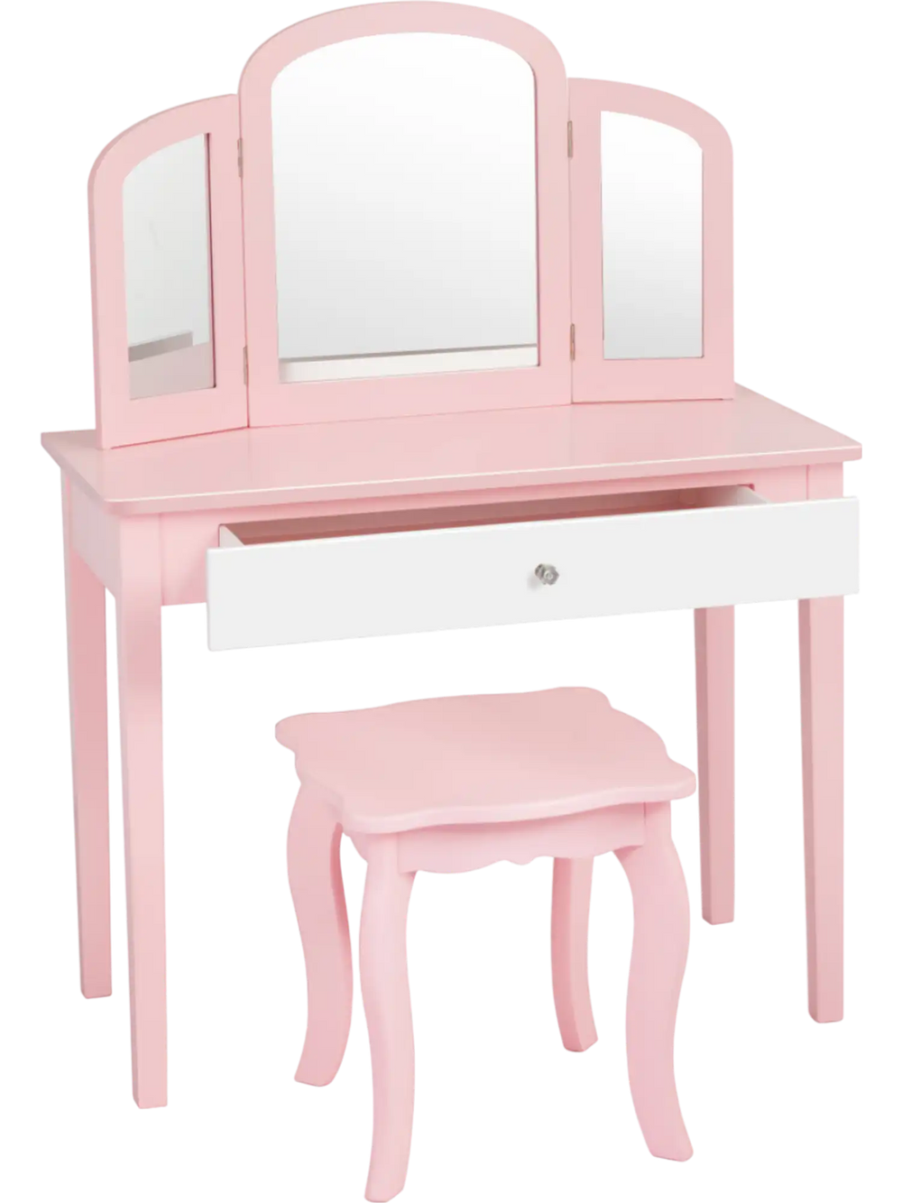 Kids pink vanity chair with elegant design, perfect for pairing with the tri-folding mirror dressing table in a child's.