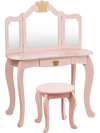 Kids makeup dressing table in pink with tri-folding mirror, sturdy MDF, and a drawer for storage, perfect for a child's.