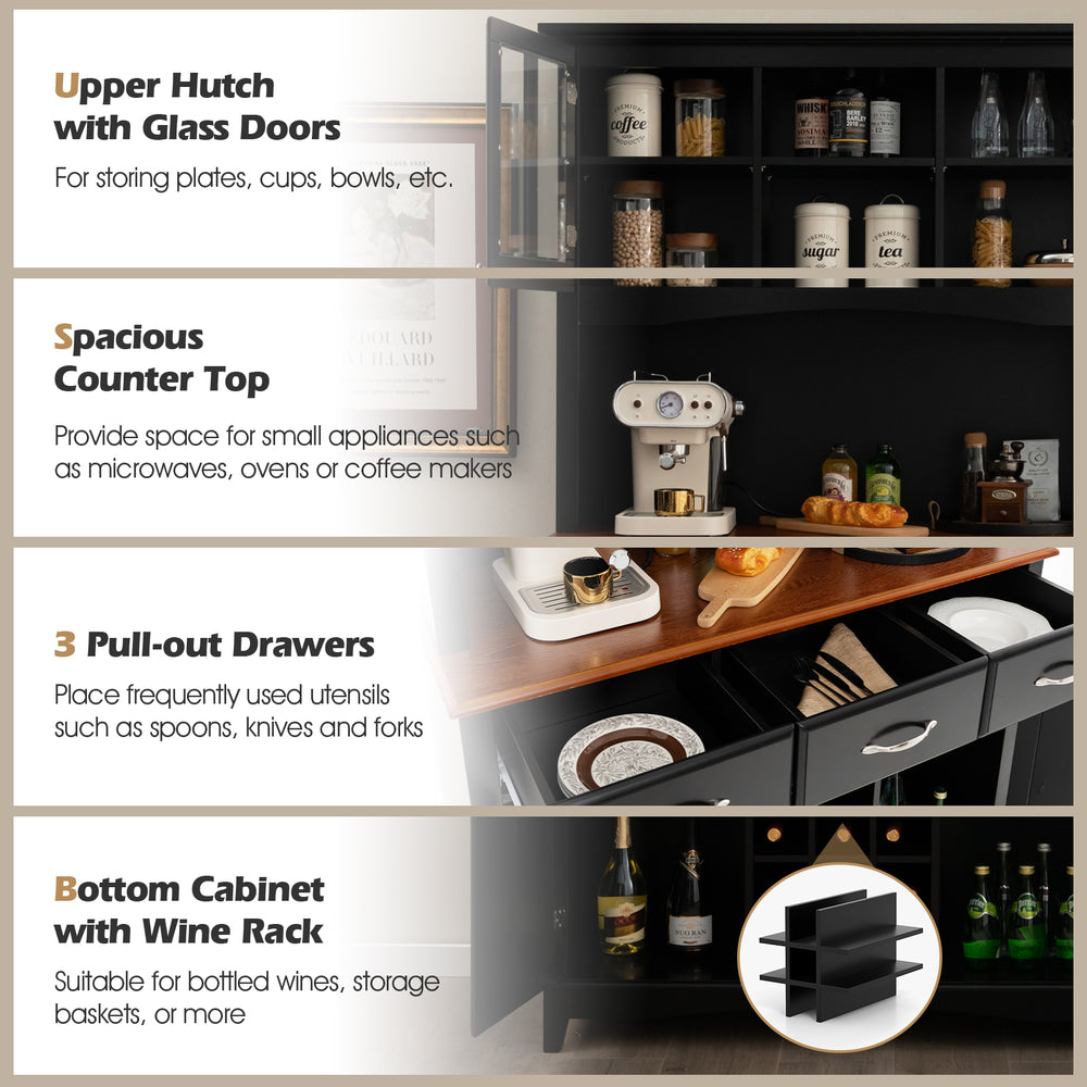 Kitchen storage cabinet in black featuring a wine rack, glass doors, and three pull-out drawers for versatile.
