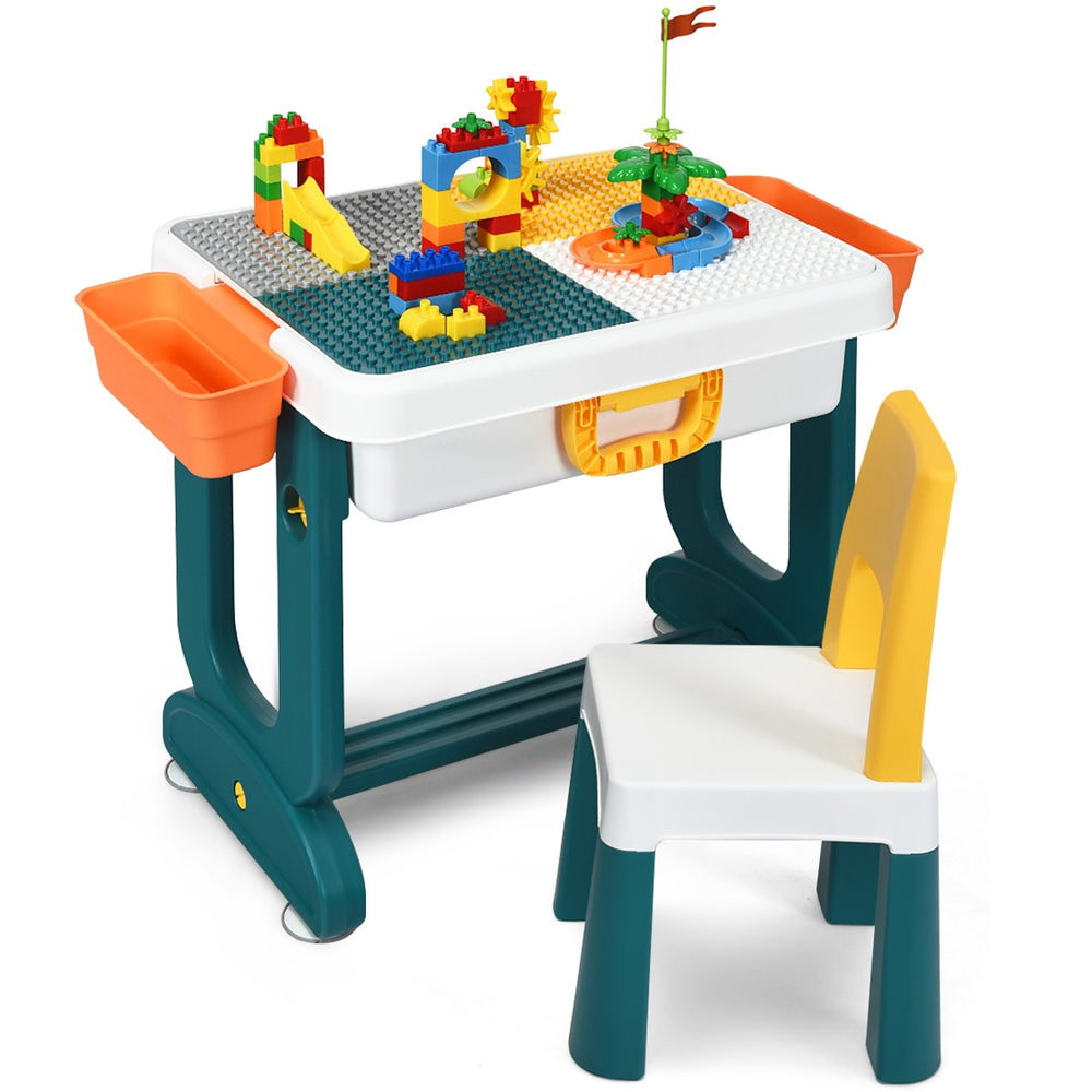 Kids activity table set with double-sided board for drawing and building blocks, includes storage compartments and.
