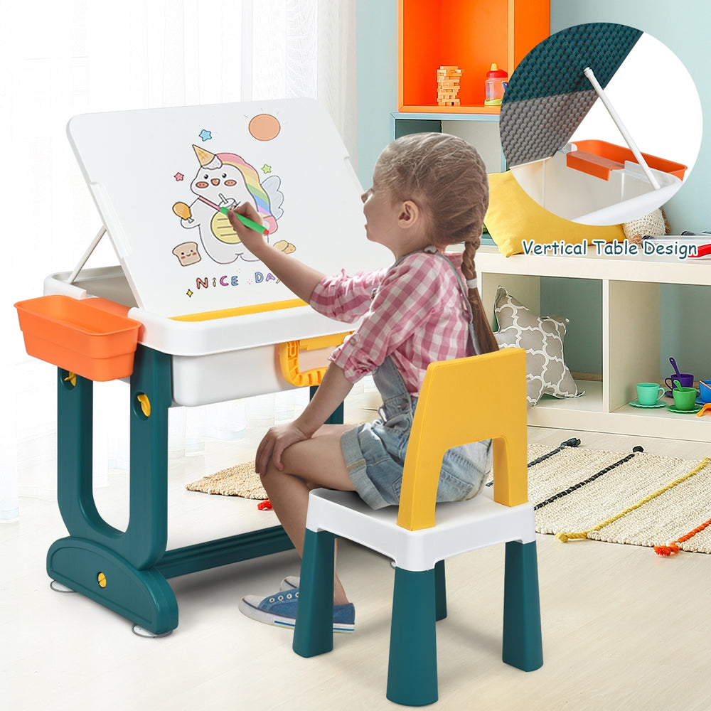 Kids activity table set featuring a double-sided board for learning and drawing, perfect for creative play and easy.