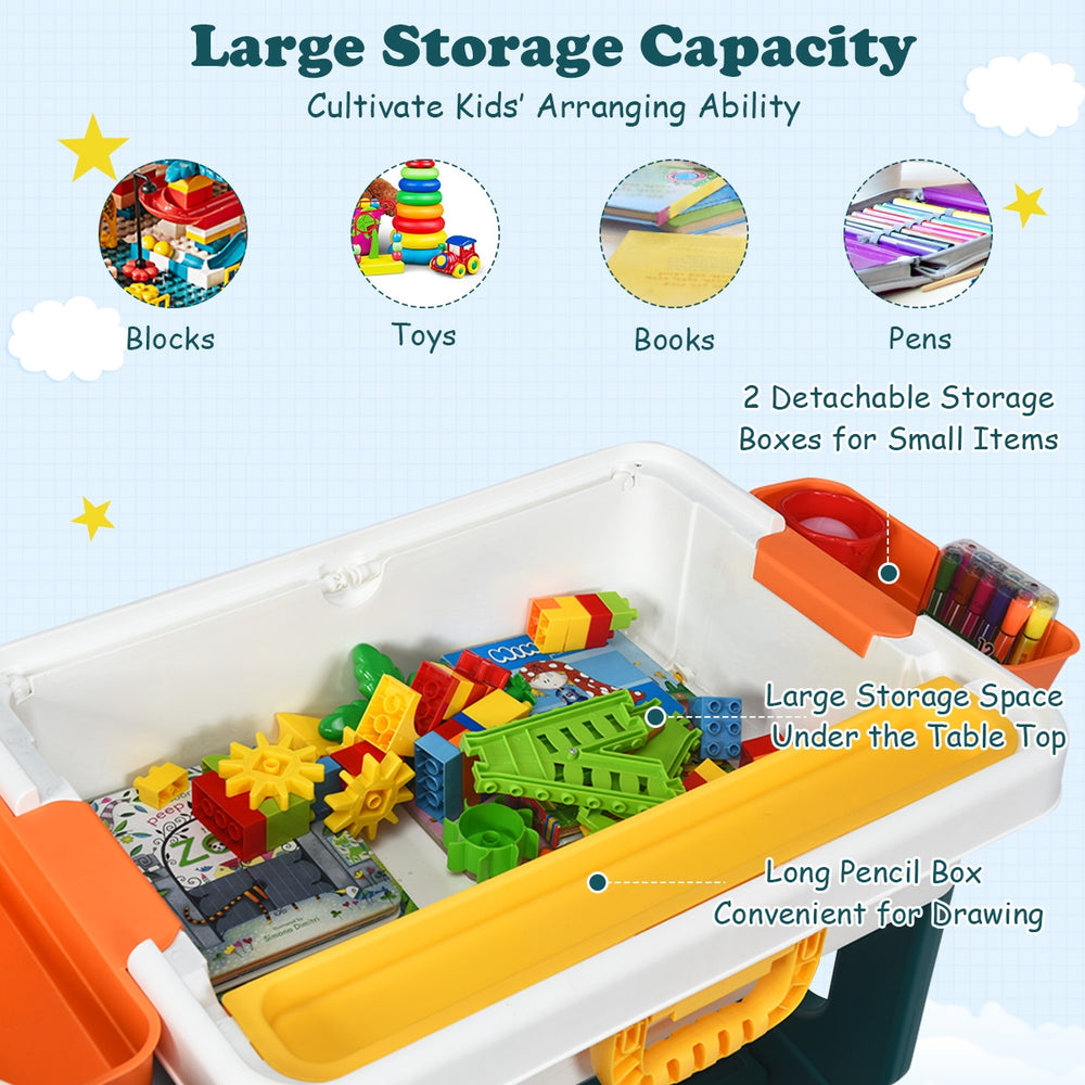 Kids activity table set with large storage capacity, detachable boxes, and double-sided board for drawing and building.
