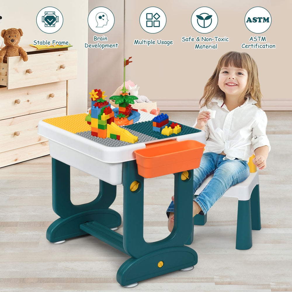 Kids activity table set featuring a double-sided board for learning and building blocks, perfect for creative play.