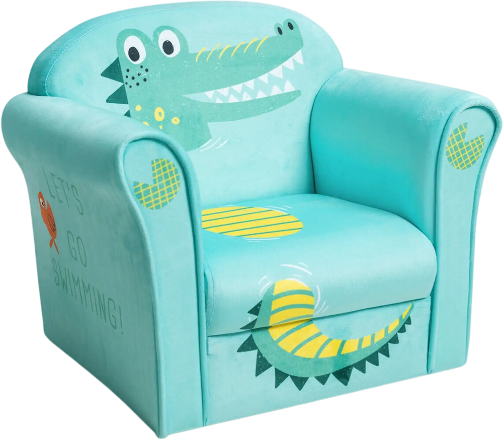 Kids crocodile armrest upholstered couch in turquoise, featuring a cute design for comfortable lounging and safety.