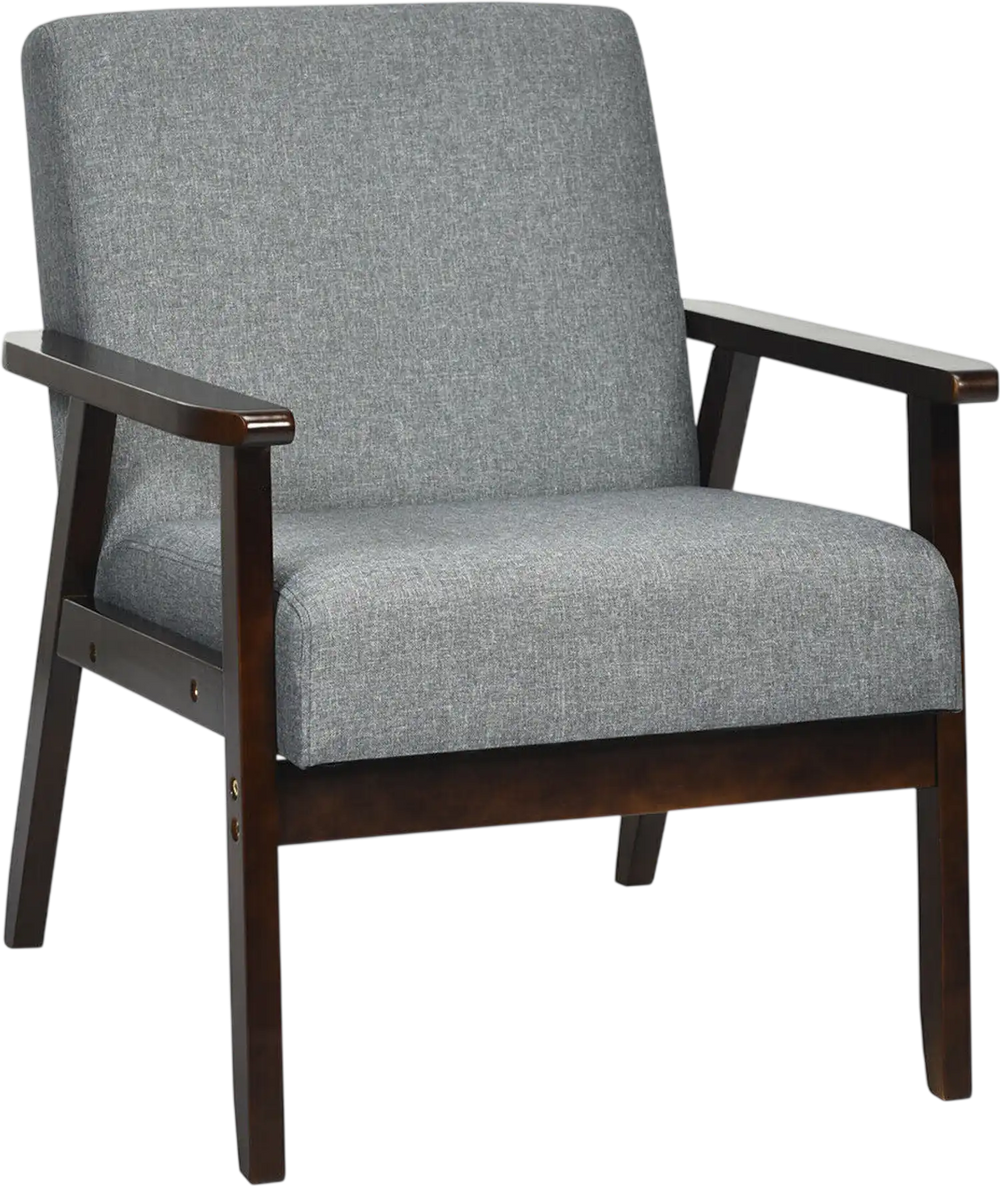 Gray accent armchair featuring a breathable linen cover, thick sponge cushion, and sturdy rubber wood frame for stylish.