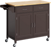 Modern rolling kitchen cart in brown with wooden top, featuring two drawers and enclosed cabinet for extra storage.