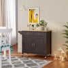 Modern rolling kitchen cart in brown with wooden top, featuring two drawers and adjustable shelf for extra storage.