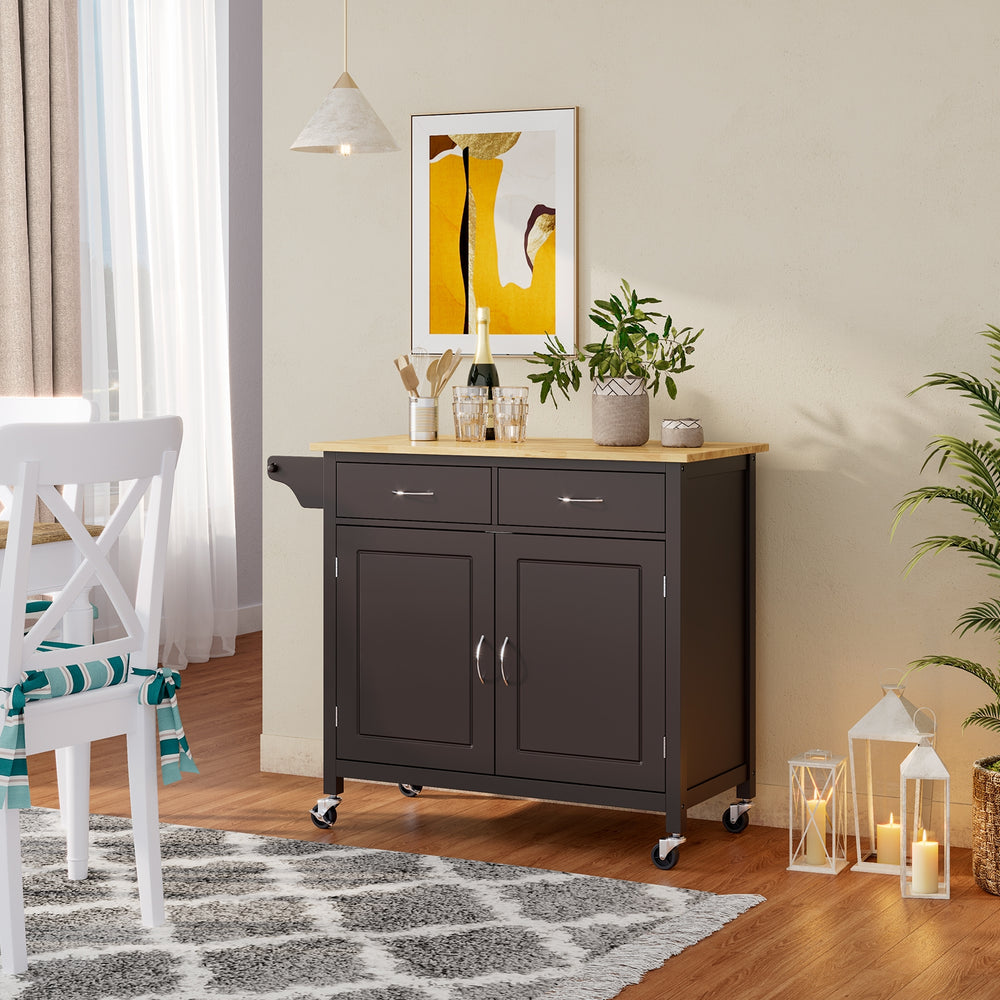Modern rolling kitchen cart in brown with wooden top, featuring two drawers and adjustable shelf for extra storage.