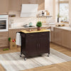 Modern rolling kitchen cart island in brown with wooden top, featuring storage drawers and wheels for easy mobility.