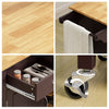 Close-up of the Modern Rolling Kitchen Cart's wooden top and slide-out drawer, featuring durable rubber wood and MDF.