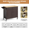 Brown modern rolling kitchen cart with wooden top, featuring two drawers, adjustable shelf, and lockable casters for.