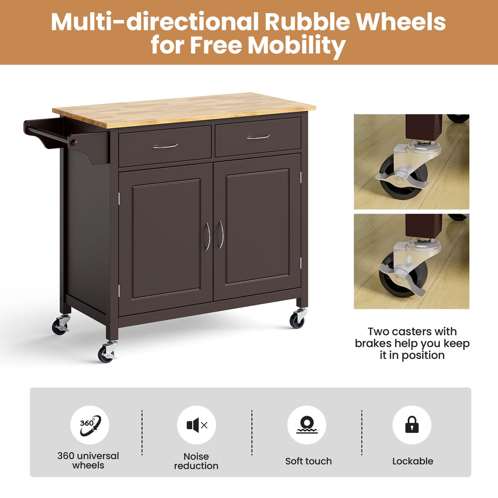 Brown modern rolling kitchen cart with wooden top, featuring two drawers, adjustable shelf, and lockable casters for.
