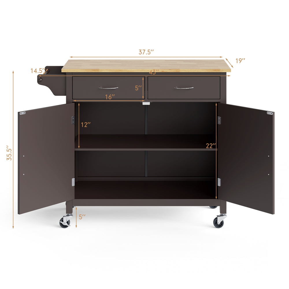Modern rolling kitchen cart with wooden top, brown finish, featuring two drawers and ample storage space on wheels.