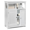 Freestanding white bathroom storage cabinet with double shutter doors, adjustable inner shelf, and open top shelf for.
