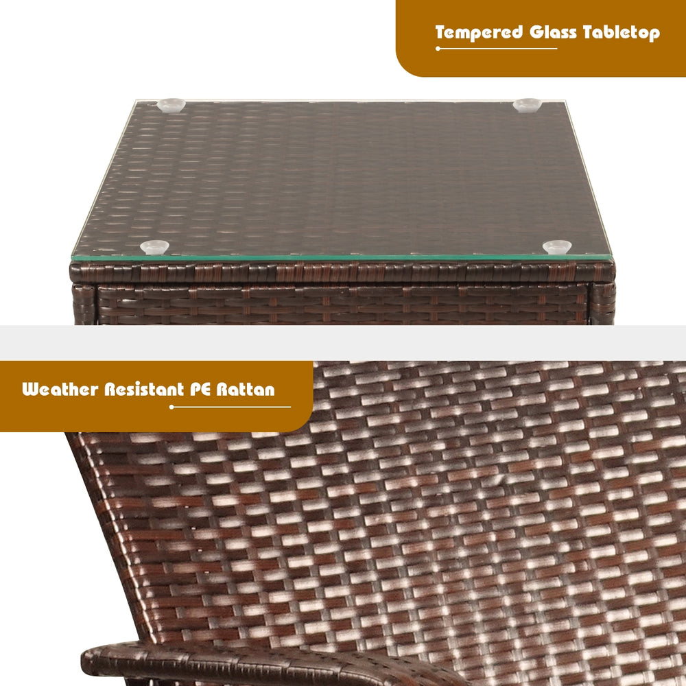 Close-up of the weather-resistant PE rattan texture and tempered glass tabletop of a patio coffee table set.