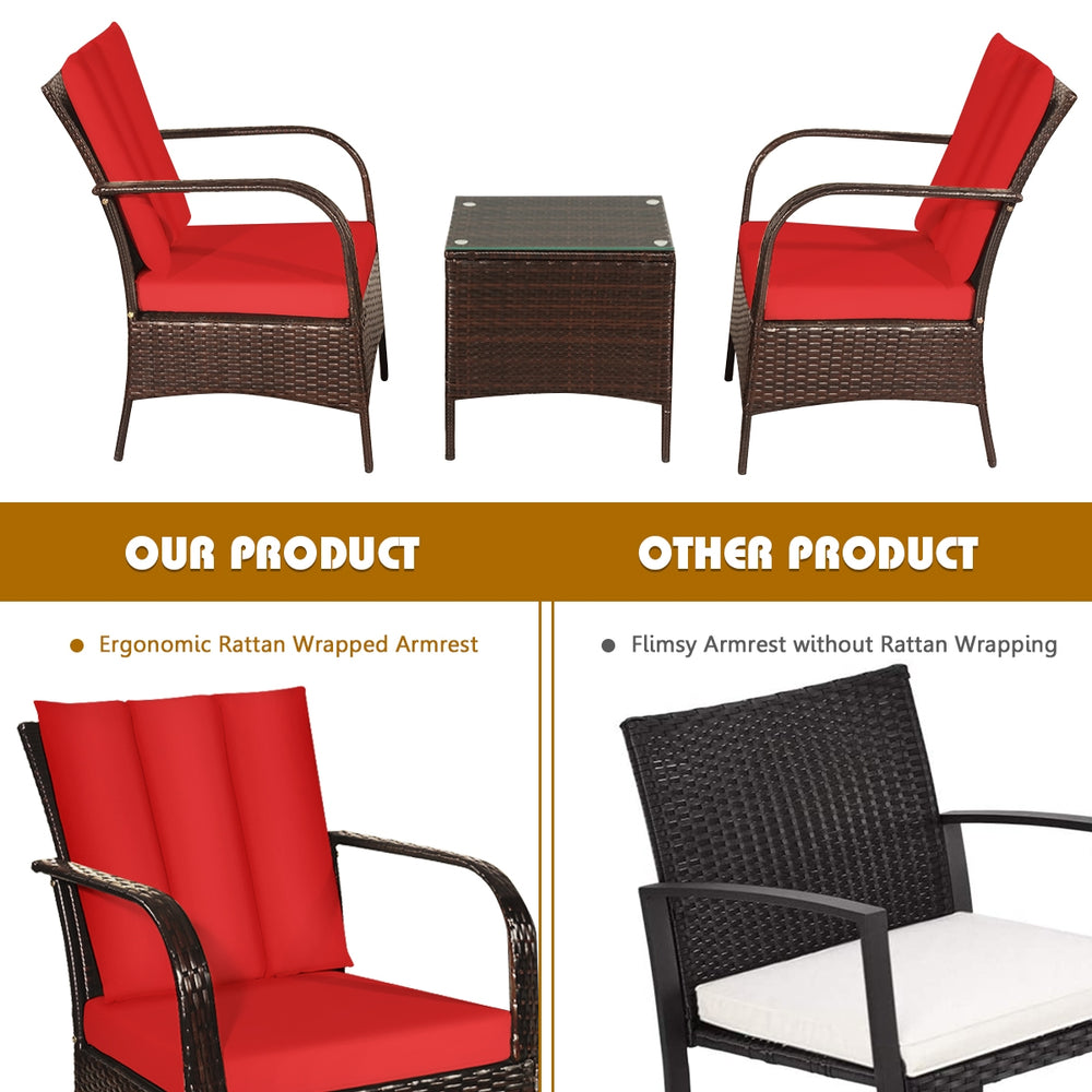 3-piece patio rattan furniture set with red cushions and glass top coffee table, ideal for outdoor relaxation.