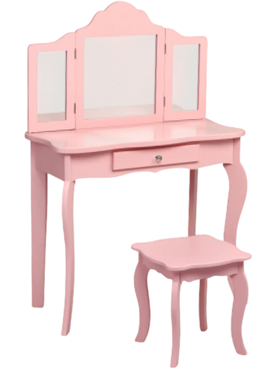 Costway Kids Vanity Set w/ Detachable Tri-Folding Mirror & Stool 01857429 New