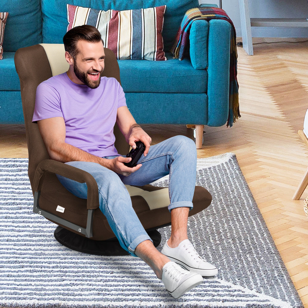 360-degree swivel gaming floor chair in brown with adjustable backrest, perfect for gaming and relaxation in any room.