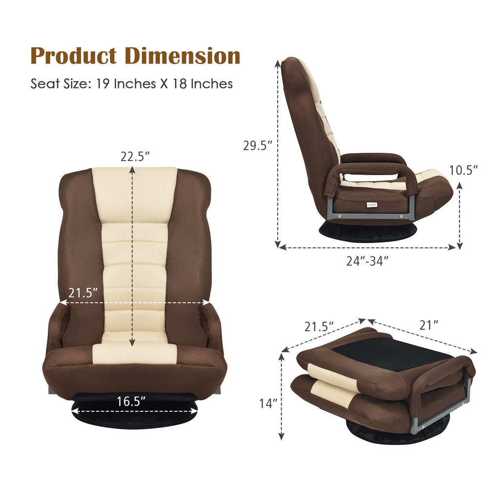 360-degree swivel gaming floor chair in brown with adjustable backrest, perfect for gaming and relaxation.