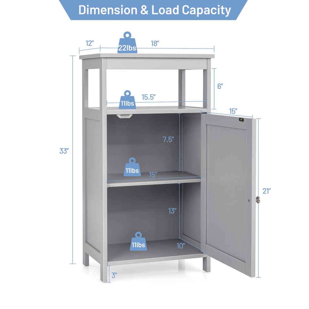 Gray bathroom wooden floor cabinet with adjustable shelves, sturdy MDF construction, and multifunctional storage design.