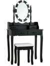 Elegant black makeup dressing table featuring a 360° rotating lighted mirror with adjustable brightness and classic.