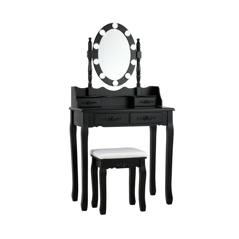 Makeup Dressing Table with Touch Switch Lighted Mirror and Cushioned Stool-Black - Gallery View 1 of 12