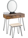 Industrial makeup dressing table in rustic brown with touch screen mirror, two drawers, and matching stool for.