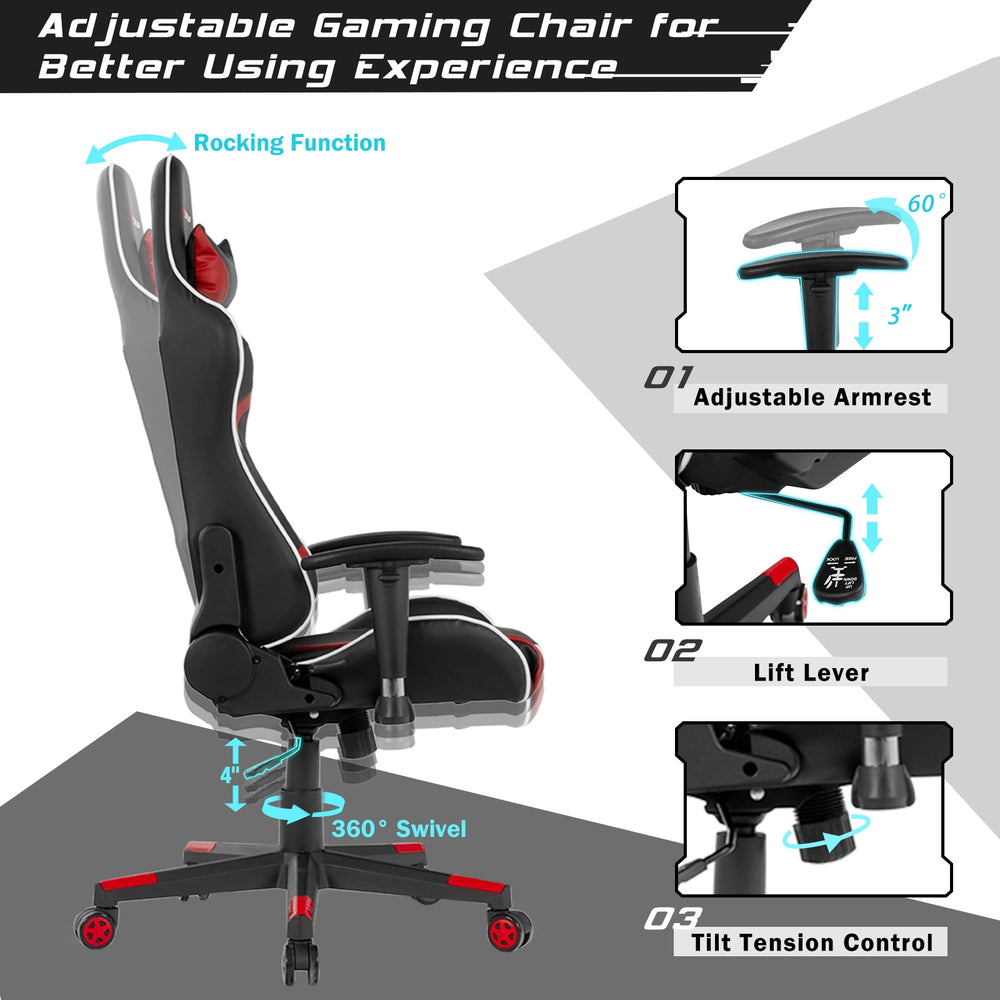 Side view of the red reclining swivel gaming chair with adjustable armrest and lumbar support for enhanced comfort.