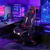 Reclining swivel gaming chair in red with lumbar support, adjustable height, and 360-degree swivel for ultimate comfort.