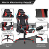 Reclining swivel gaming chair in red with adjustable backrest, lumbar support, and smooth-rolling wheels for comfort.