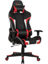 Reclining swivel gaming chair in red and black with lumbar support, adjustable armrests, and massage feature for.