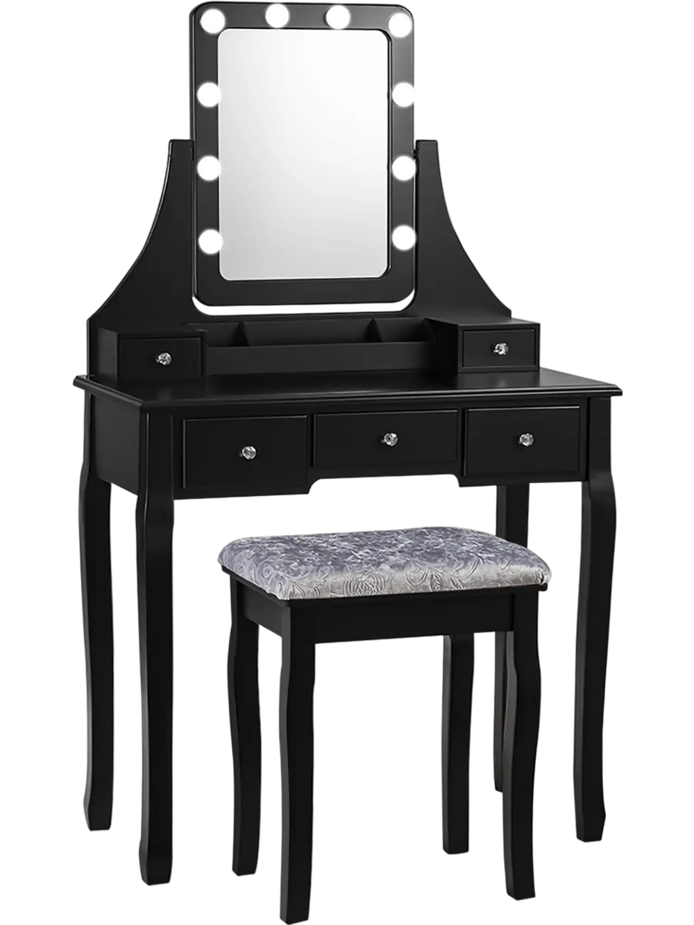 Black cushioned stool paired with a vanity dressing table set featuring 10 dimmable bulbs for stylish makeup.