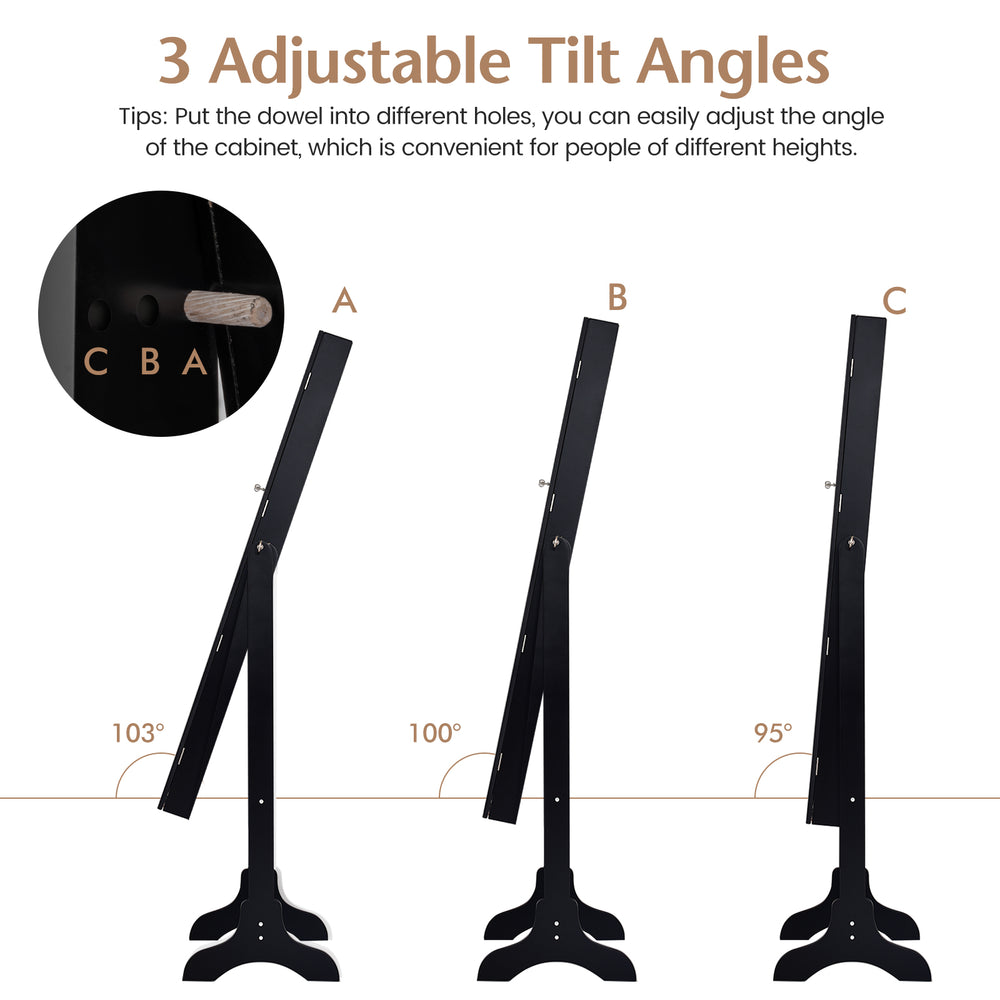 Mirrored standing jewelry cabinet in black with three adjustable tilt angles for optimal viewing convenience.