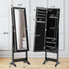 Mirrored standing jewelry cabinet in black with storage compartments, featuring a full-length mirror and elegant design.