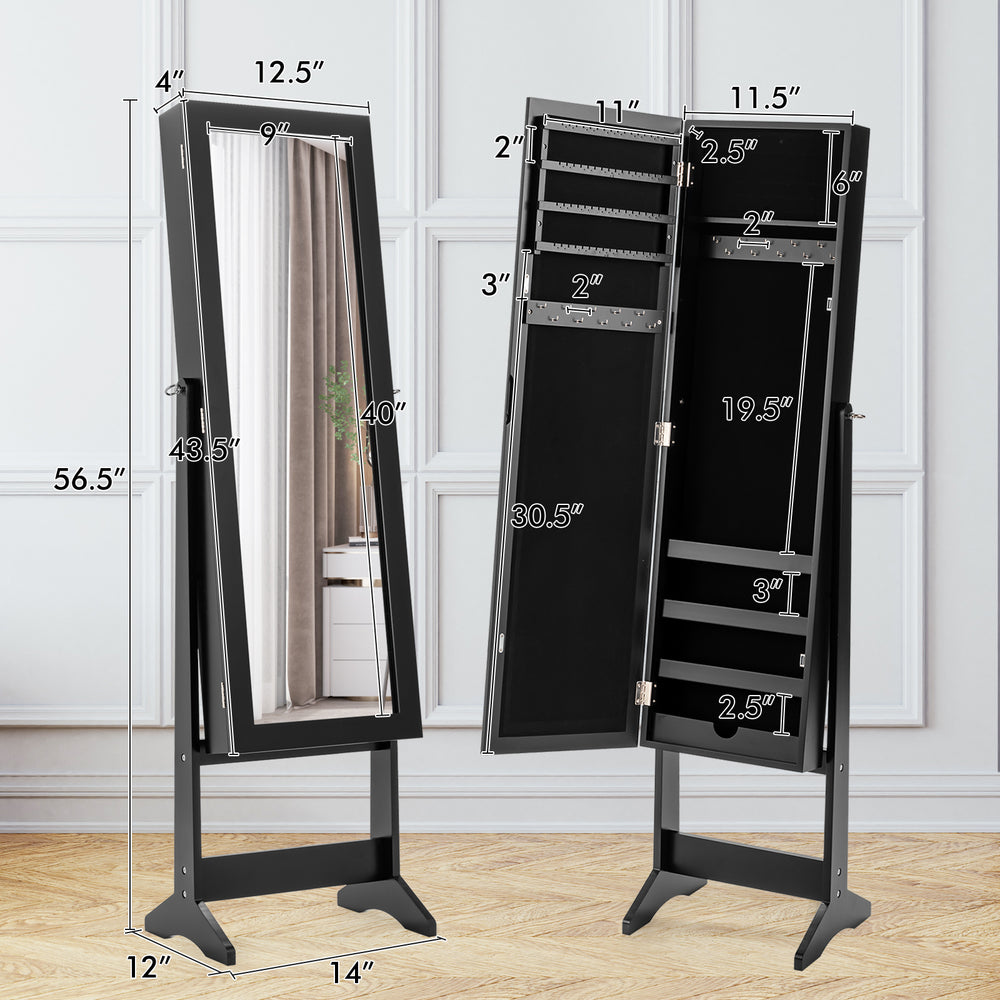 Mirrored standing jewelry cabinet in black with storage compartments, featuring a full-length mirror and elegant design.