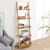 5-tier bamboo ladder shelf with wall-leaning design, perfect for organizing plants and books in any room.
