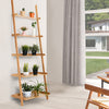 5-tier bamboo ladder shelf with wall-leaning design, perfect for plants and storage in living room or kitchen.