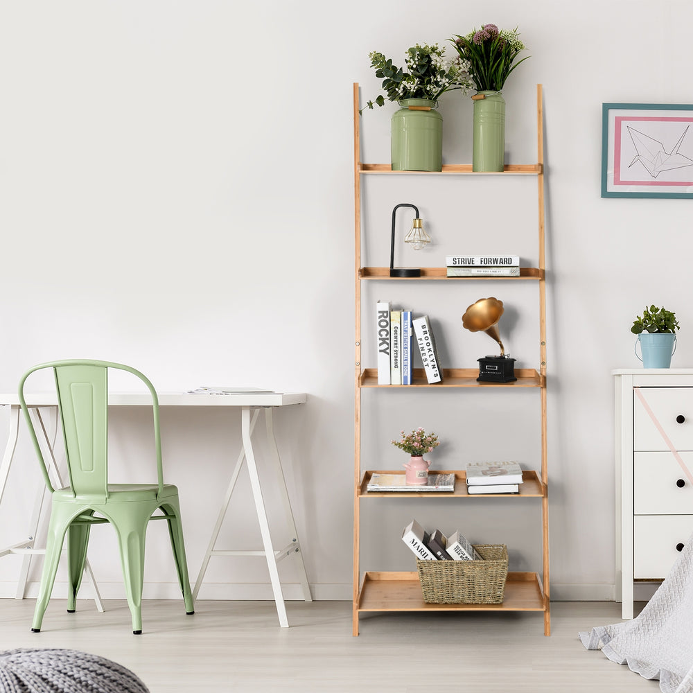 5-tier ladder shelf in natural bamboo, wall-leaning design for stable storage, perfect for living room or kitchen.