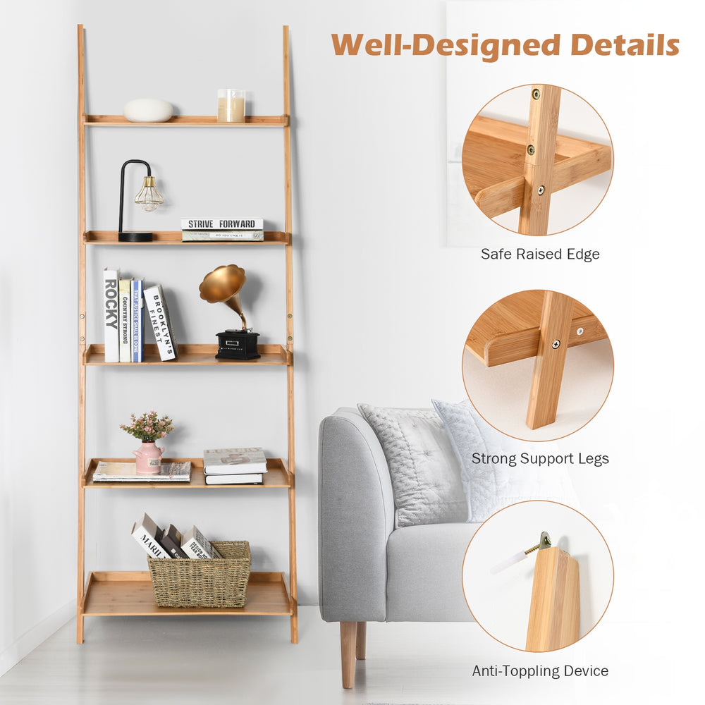 5-tier bamboo ladder shelf with raised edges and strong support legs, perfect for space-saving storage in any room.