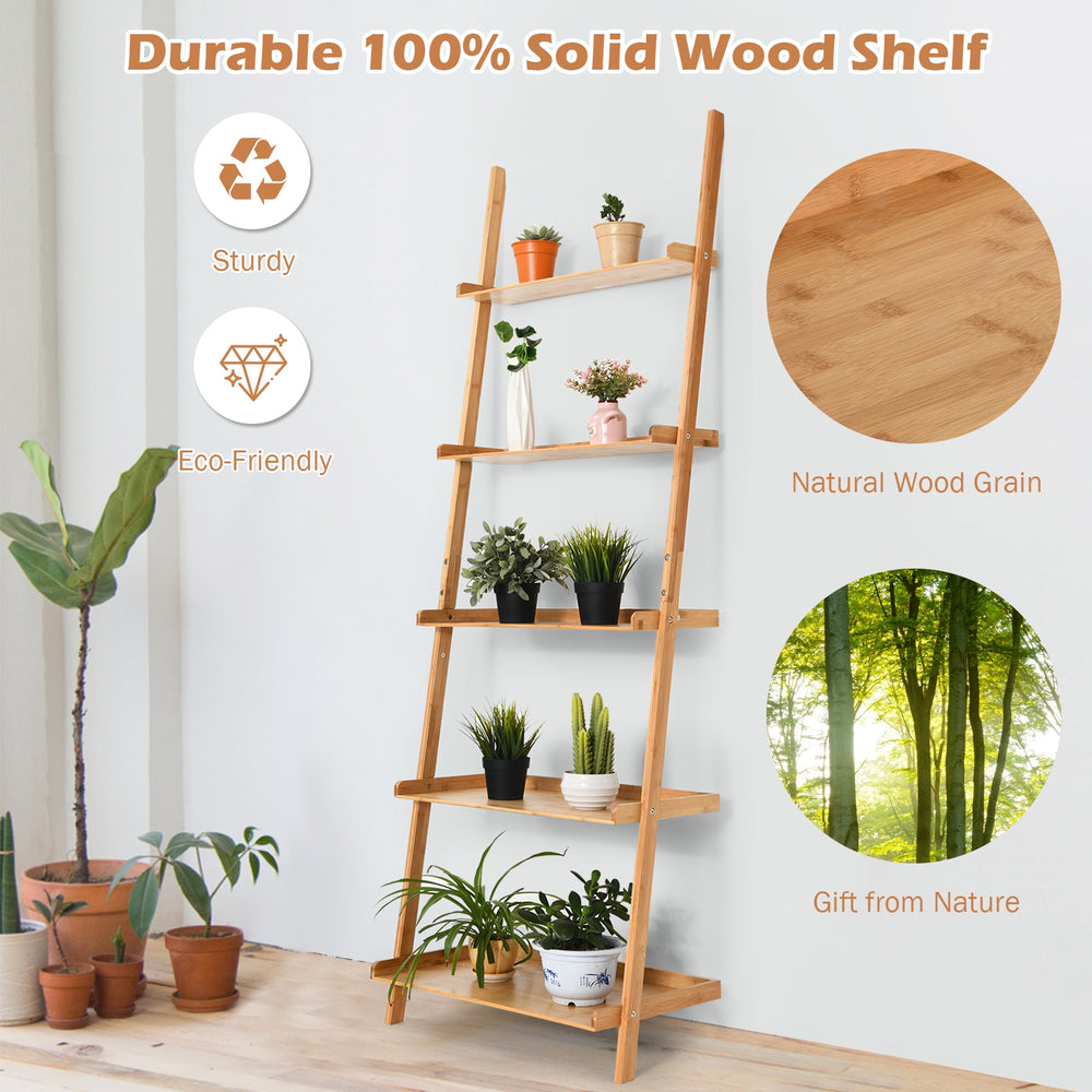 5-tier bamboo ladder shelf with natural wood grain, sturdy design, perfect for organizing plants in any room.