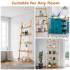 5-tier bamboo ladder shelf with wall-leaning design, ideal for storage in living room, kitchen, or bathroom.