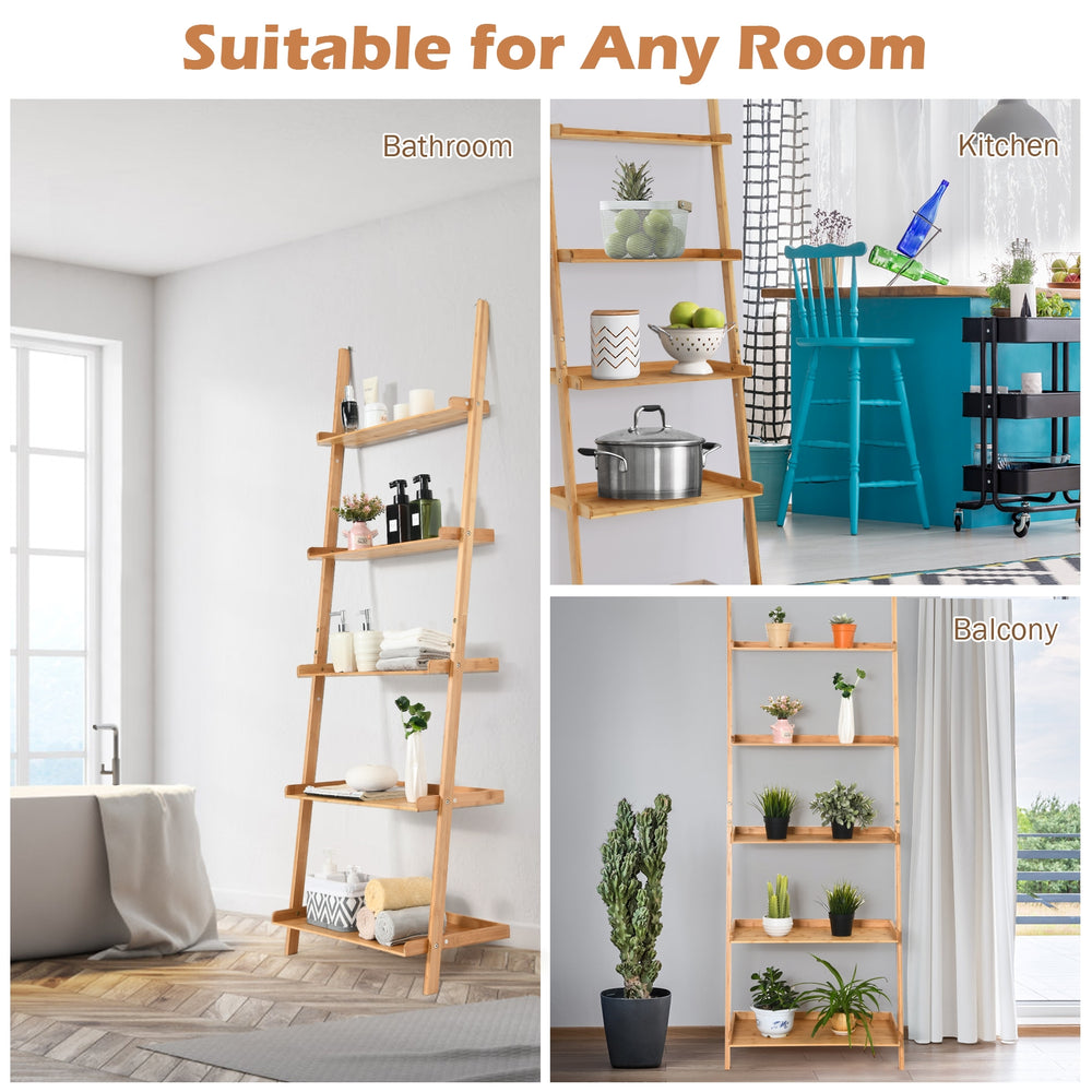 5-tier bamboo ladder shelf with wall-leaning design, ideal for storage in living room, kitchen, or bathroom.