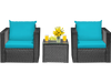 3-piece patio wicker conversation set with turquoise cushions and a glass-top table, ideal for outdoor relaxation.