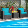 3-piece patio wicker conversation set with turquoise cushions, featuring a glass-top table, perfect for outdoor.