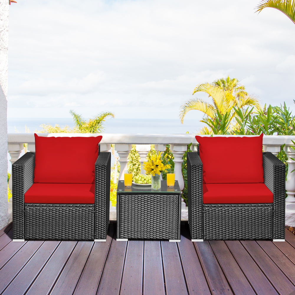 3 Pieces Patio Wicker Conversation Set with Cushion-Red - Gallery View 1 of 12