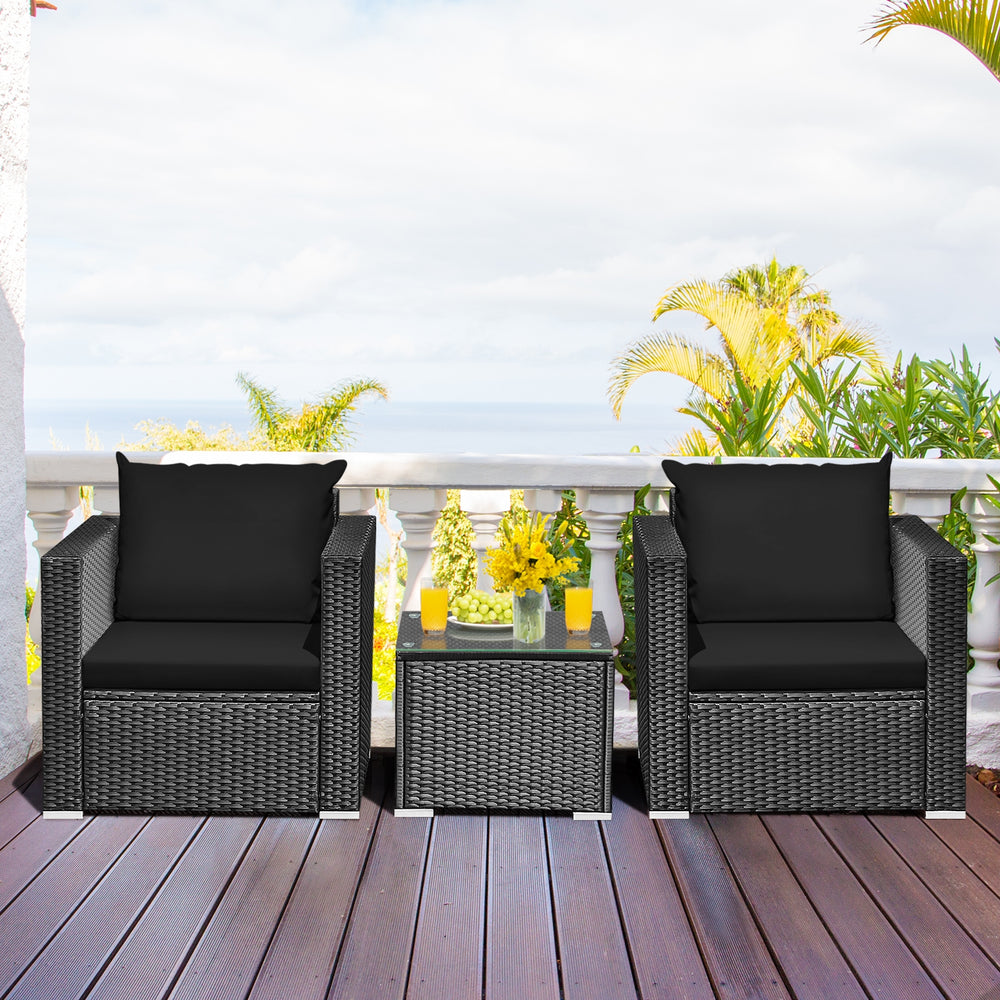 3 Pieces Patio Wicker Conversation Set with Cushion-Black - Gallery View 1 of 12