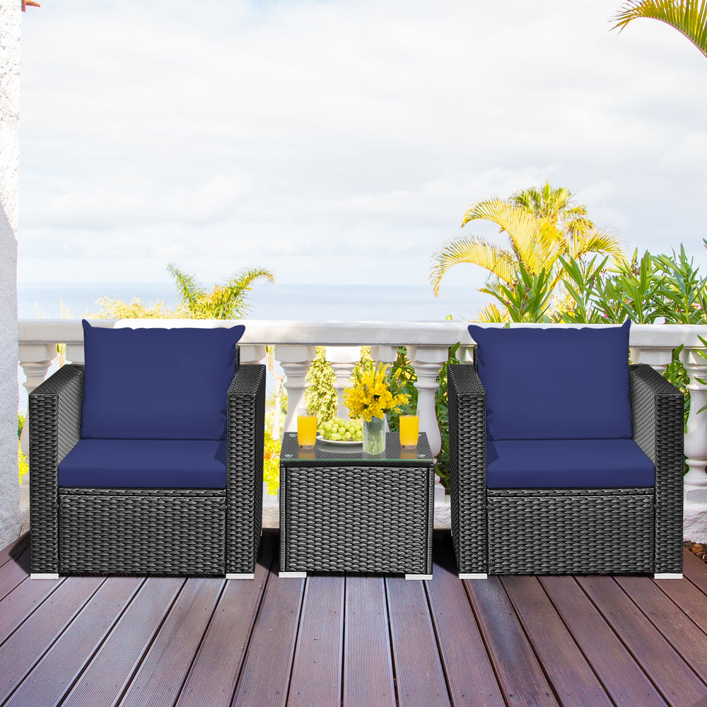 3 Pieces Patio Wicker Conversation Set with Cushion-Navy - Gallery View 1 of 12