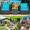 3-piece patio wicker conversation set with turquoise cushions, ideal for outdoor relaxation in garden or balcony.