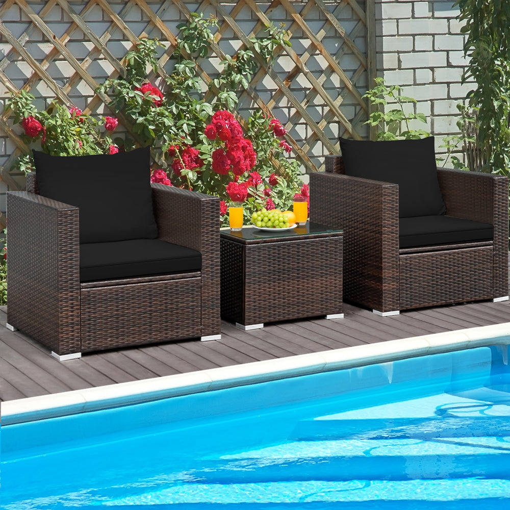 3 Pcs Patio Conversation Rattan Furniture Set with Cushion-Black - Gallery View 1 of 11