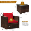 Single chair from the 3 Pcs Patio Conversation Rattan Furniture Set with red cushion, perfect for outdoor relaxation.
